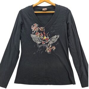 2005 Minot,ND Harley Davidson Sparkly Wings Roses Black V-Neck L/S Shirt Wm's L